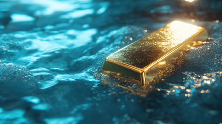 A stunning golden bar floats in clear, shimmering water, creating a captivating visual with vibrant turquoise reflections and a sense of tranquility.の素材