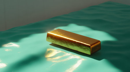 An exquisite gold bar rests on a vibrant turquoise surface, capturing natural light and creating soft reflections, embodying luxury and wealth.の素材
