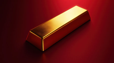 A single gold bar rests majestically on a vibrant red background, evoking feelings of wealth, luxury, and financial success. This image captures the essence of richness.の素材