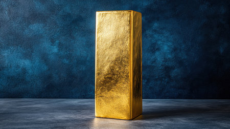 A stunning golden rectangular bar stands tall against a textured dark blue background, emphasizing luxury and richness. Perfect for themes of elegance and prosperity.の素材
