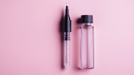This image features a syringe alongside a clear bottle, all set against a soft pink background. Ideal for medical or cosmetic applications.の素材