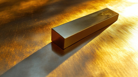 A striking metallic bronze bar sits elegantly on a warm wooden surface, creating interesting shadows and lighting effects that enhance its beauty.の素材