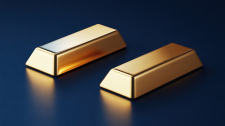 This image features two shiny gold bars resting on a dark surface, highlighting themes of wealth, investment, and luxury in a sleek and minimalist presentation.の素材
