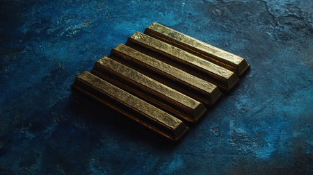 A stunning arrangement of shiny gold bars set against a vibrant blue background, symbolizing wealth and luxury in a modern artistic interpretation.の素材