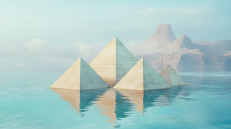 An ethereal landscape features pyramids standing gracefully in serene waters, surrounded by soft mist and majestic mountains, evoking tranquility and wonder.の素材