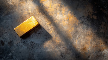 A striking gold bar rests on a weathered surface, illuminated by dramatic lighting that creates deep shadows, perfect for concepts of wealth and luxury.の素材
