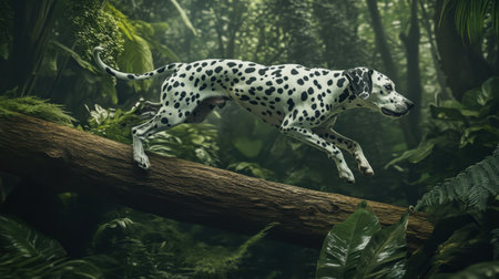 A joyful Dalmatian dog captures a moment of pure excitement as it leaps gracefully over a fallen log in a verdant jungle, embodying the spirit of adventure.の素材