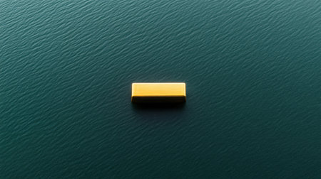A striking golden rectangle floats serenely on a calm water surface, embodying minimalist design and abstract aesthetics that evoke tranquility.の素材