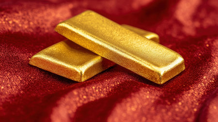 Two gleaming gold bars rest elegantly on rich red satin fabric, capturing a luxurious aesthetic that symbolizes wealth and prosperity.の素材
