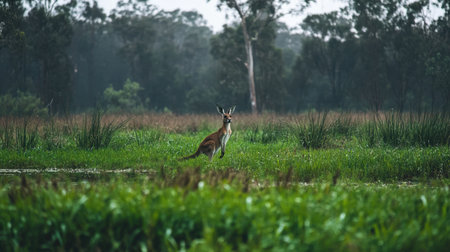A solitary kangaroo gracefully stands amidst vibrant green foliage in a serene Australian landscape, highlighting the beauty of wildlife in nature.の素材