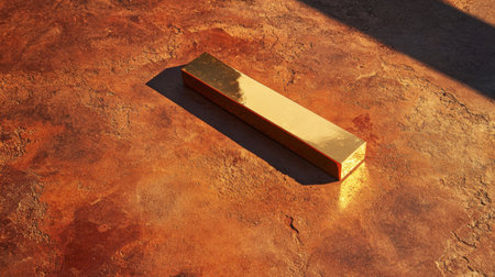A striking gold rectangle rests on a rustic brown surface, illuminated by soft light and casting shadows. This image evokes a sense of luxury and sophistication.の素材