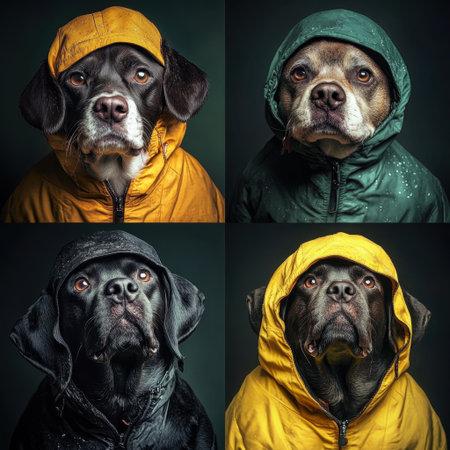 This charming image captures four dogs showcasing their personalities while wearing vivid raincoats. Their expressions exude excitement and curiosity, making it a delightful photo for animal lovers.の素材