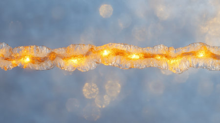 This enchanting image captures delicate icicles illuminated by warm lights, set against a soft blue bokeh background, perfect for winter themes.の素材