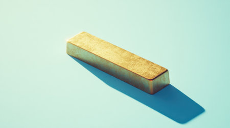 A stunning gold bar resting on a light blue background, showcasing a minimalist aesthetic with soft shadows. Perfect for luxury and finance themes.の素材