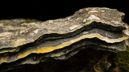 This image captures a close-up view of a layered rock formation, showcasing intricate textures and earthy tones that reflect natural geological processes.の素材