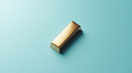 A gleaming gold bar rests on a smooth turquoise surface, symbolizing wealth and luxury. This image captures minimalism and elegance, perfect for finance themes.の素材