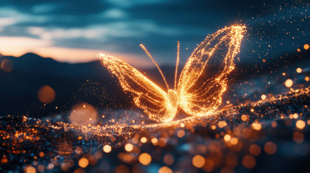 A mesmerizing image of a glowing butterfly made of sparkling particles, set against a serene sunset landscape. This enchanting scene captures the essence of transformation and beauty.の素材