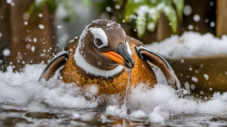 A vibrant ginger duck swims gracefully in snowy water, showcasing its striking orange beak and droplets on its feathers, capturing a serene winter moment.の素材