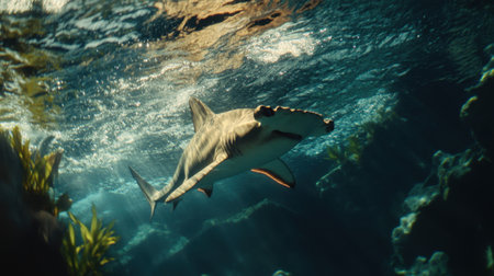 Experience the beauty of marine life with this stunning image of a shark gracefully swimming through vibrant underwater scenery, showcasing nature's wonder.の素材
