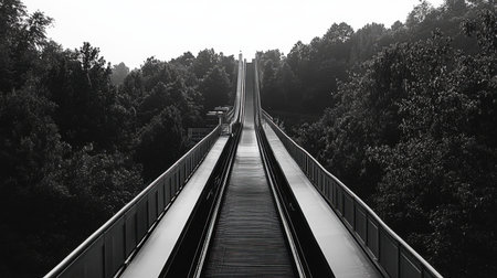 This striking black and white image features a modern architectural structure with a unique slope, surrounded by lush greenery, creating a serene atmosphere.の素材
