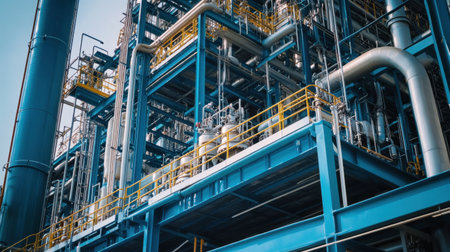 This image showcases an industrial facility featuring a complex arrangement of piping systems and machinery under a clear blue sky, highlighting modern engineering.の素材