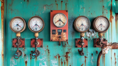 This image features vintage pressure gauges mounted on a rusty green background, illustrating industrial measurement equipment richly worn by time and use.の素材