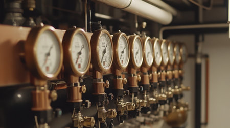 This image features a close-up view of industrial pressure gauges showcasing copper accents in a mechanical environment, highlighting precision and functionality.の素材