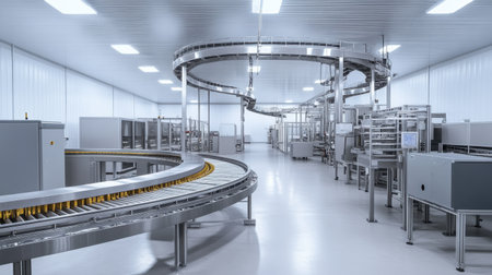 This image showcases a state-of-the-art industrial manufacturing facility featuring advanced automated conveyor systems. The clean and efficient workspace highlights modern design and innovative technology, emphasizing the future of production and processing.の素材