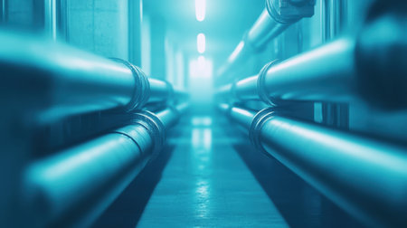 An industrial corridor featuring metallic pipes illuminated with cool blue lighting, highlighting modern infrastructure and engineering design themes.の素材