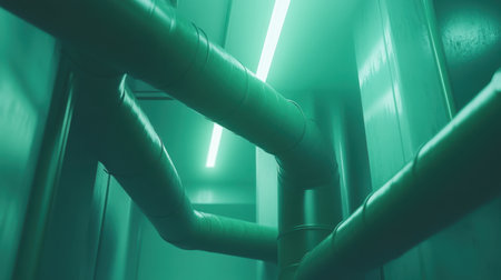 An aesthetic view of industrial pipes intersecting in a cool-toned, dimly lit space. Neon lighting accentuates the structure, creating a modern atmosphere.の素材