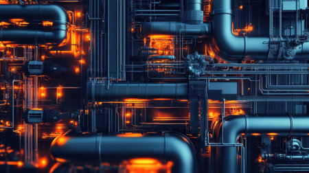 This image showcases a futuristic industrial pipeline network with glowing elements, highlighting intricate details of modern machinery and engineering design.の素材