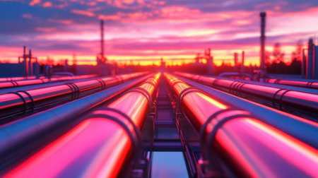 Captivating industrial pipeline stretches towards a vibrant sunset, featuring striking reflections and a dramatic sky. This scene captures the essence of energy and technology.の素材