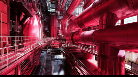 This striking image captures an industrial facility filled with bold red metallic pipes and intricate structures, highlighting modern engineering and design.の素材