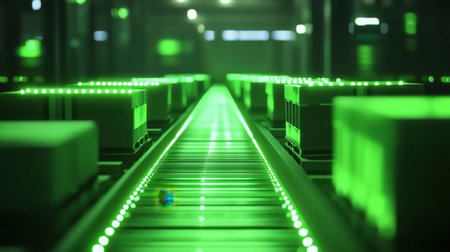 This image depicts a modern automated warehouse with a conveyor belt system highlighted by neon green lighting. It showcases the efficiency of logistics and storage in a high-tech industrial environment.の素材