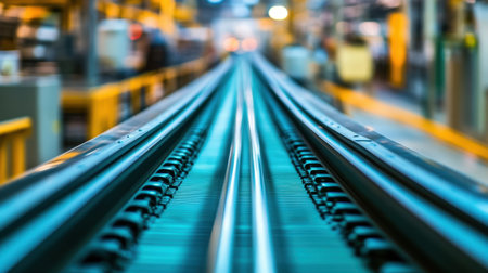 Close-up view of an industrial conveyor system in a warehouse setting, highlighting rails and motion blur. Captures the essence of modern manufacturing processes.の素材