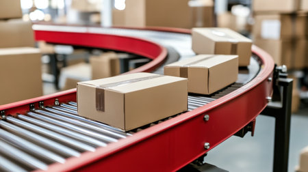 Three cardboard boxes move along a red conveyor belt in a warehouse, illustrating the logistics and distribution process in a modern facility.の素材