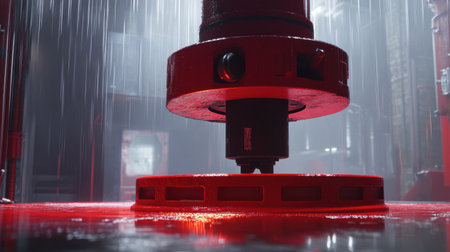 Captivating close-up of industrial machinery featuring vibrant red components surrounded by cascading rain in a warehouse, highlighting powerful engineering.の素材