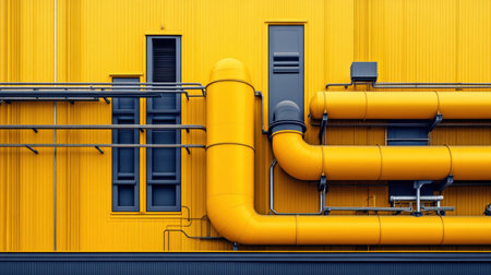 Bright yellow pipes intertwine against a modern industrial building exterior, showcasing geometric patterns and contrasting windows. Ideal for urban themes.の素材
