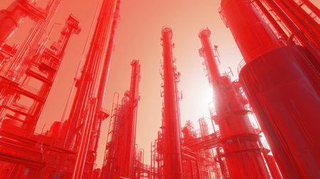 This abstract image features towering red structures that create a striking industrial landscape, enhanced by dramatic light and perspective.の素材