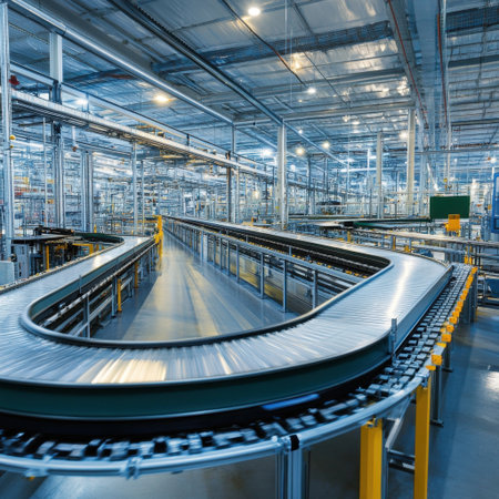 A modern industrial warehouse features an advanced automated conveyor system. The bright and spacious facility highlights efficient production and logistics.の素材