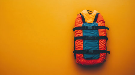 A colorful backpack featuring bold orange and blue tones rests against a vivid yellow background, emphasizing adventure and outdoor exploration. Perfect for travel!の素材