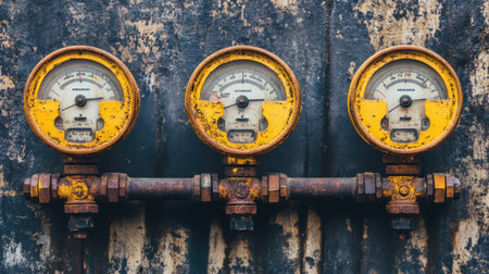 This image showcases three vintage industrial pressure gauges with a rusty metal background, featuring worn yellow paint. Ideal for showcasing industrial aesthetics.の素材