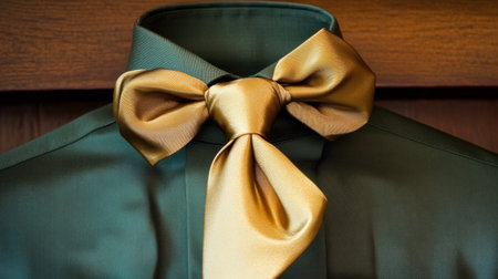 This image showcases an elegant golden bow tie expertly tied on a dark green shirt, set against a rich wooden background. The contrast highlights the sophisticated design, ideal for fashion enthusiasts seeking to enhance their style.の素材