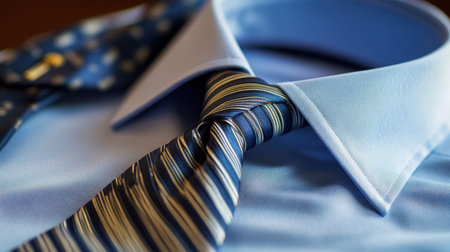 This image features an elegant blue dress shirt paired with a classic striped tie, ideal for enhancing business or formal attire. The composition highlights the quality and style of the fabric and design.の素材