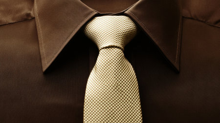 This close-up image showcases a sophisticated combination of a brown shirt and a textured gold tie, perfect for formal occasions and professional settings.の素材