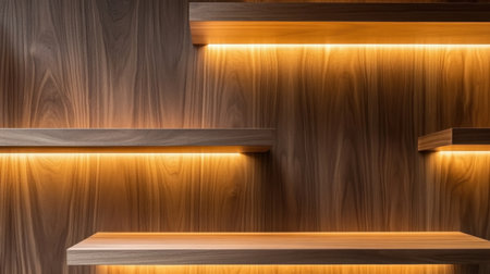 A stunning wooden wall featuring illuminated shelves that create a warm and inviting atmosphere, perfect for modern interior decor and innovative furniture styling.の素材