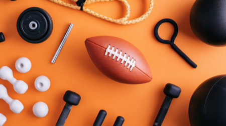 Collection of fitness equipment displayed on an orange background, featuring a rugby ball, weights, and exercise ropes, ideal for sports and training use.の素材