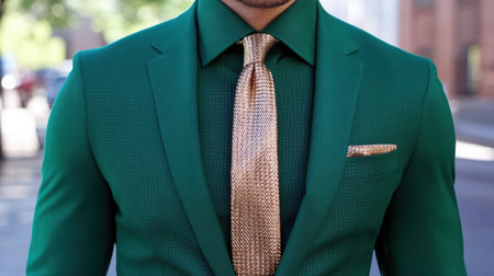 A stylish man exudes confidence in a green suit paired with a striking golden tie. This modern fashion portrait captures elegance in an urban backdrop.の素材