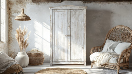 Discover a charming rustic interior setting that beautifully showcases a vintage cabinet and a cozy armchair, bathed in warm sunlight.の素材