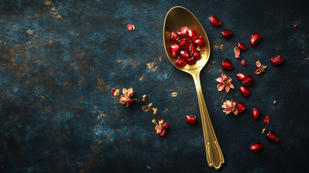 A visually striking composition featuring glossy pomegranate seeds in a golden spoon surrounded by delicate floral accents on a dark textured background.の素材
